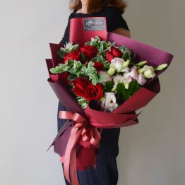 Red Rose & Two Tone Pink Eustoma Fresh Flower & Fruit Basket by AfterRainFlorist, PJ Florist, KL & Selangor Flower Delivery Service